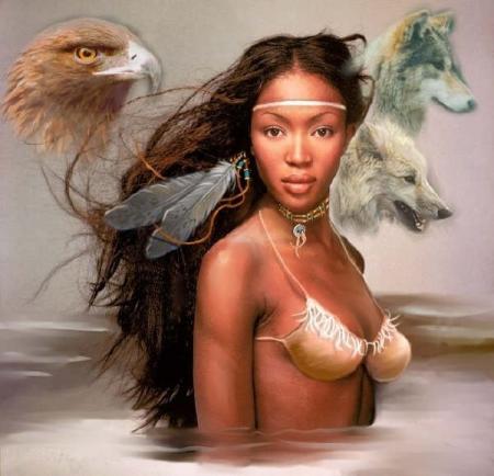 Superbe portrait de Femme Indienne avec ses loups et son aigle